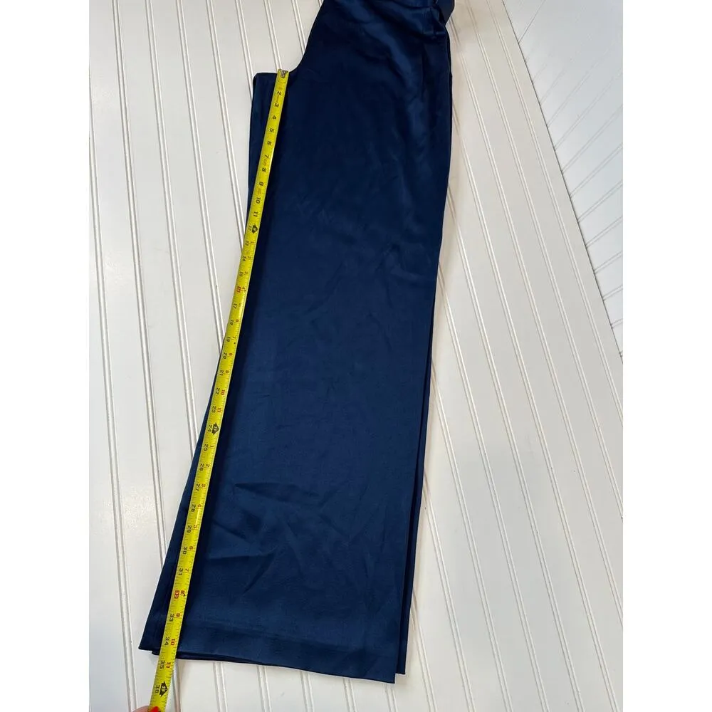 Halston Wide Leg Pants Navy Blue Satin Gorgeous High Waisted Belted Size 14 - Image 4