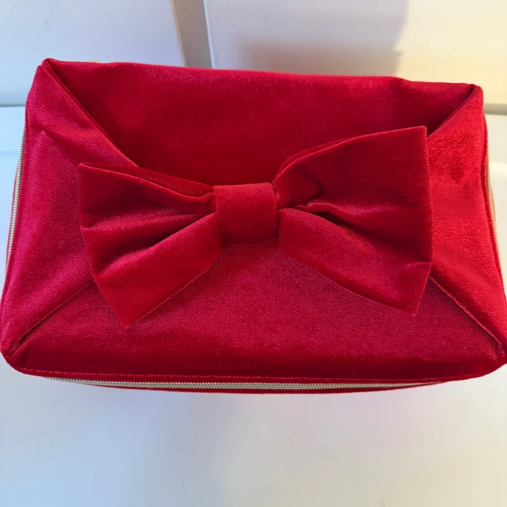 Estée Lauder Elegant Red Velvet Bow Womens Cosmetic Bag Tote - Image 2