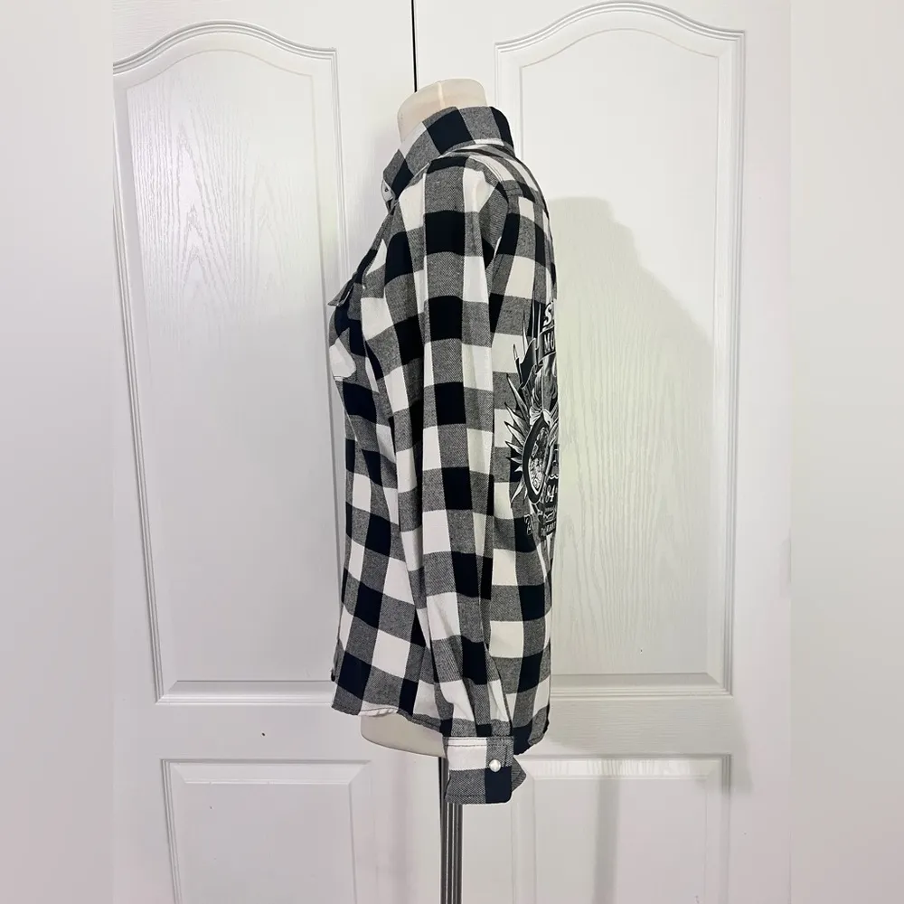 Maverick Trading Post Sturgis Motorcycle Rally Pearl Snap Checkered Shirt sz XXS Black - Image 2