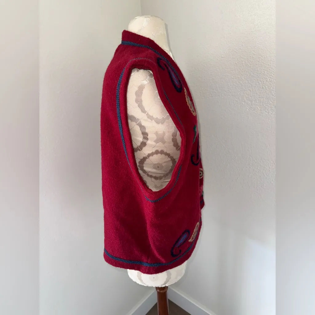 Vintage 90s Alfred Dunner Burgandy 100% Wool Embroidery Vest Floral Paisley XL - Image 8
