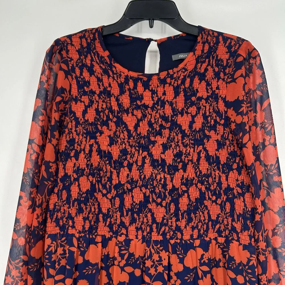 Julia Jordan Smocked Floral Tiered Maxi Dress Orange Blue Sheer Sleeves Size 12 - Image 2