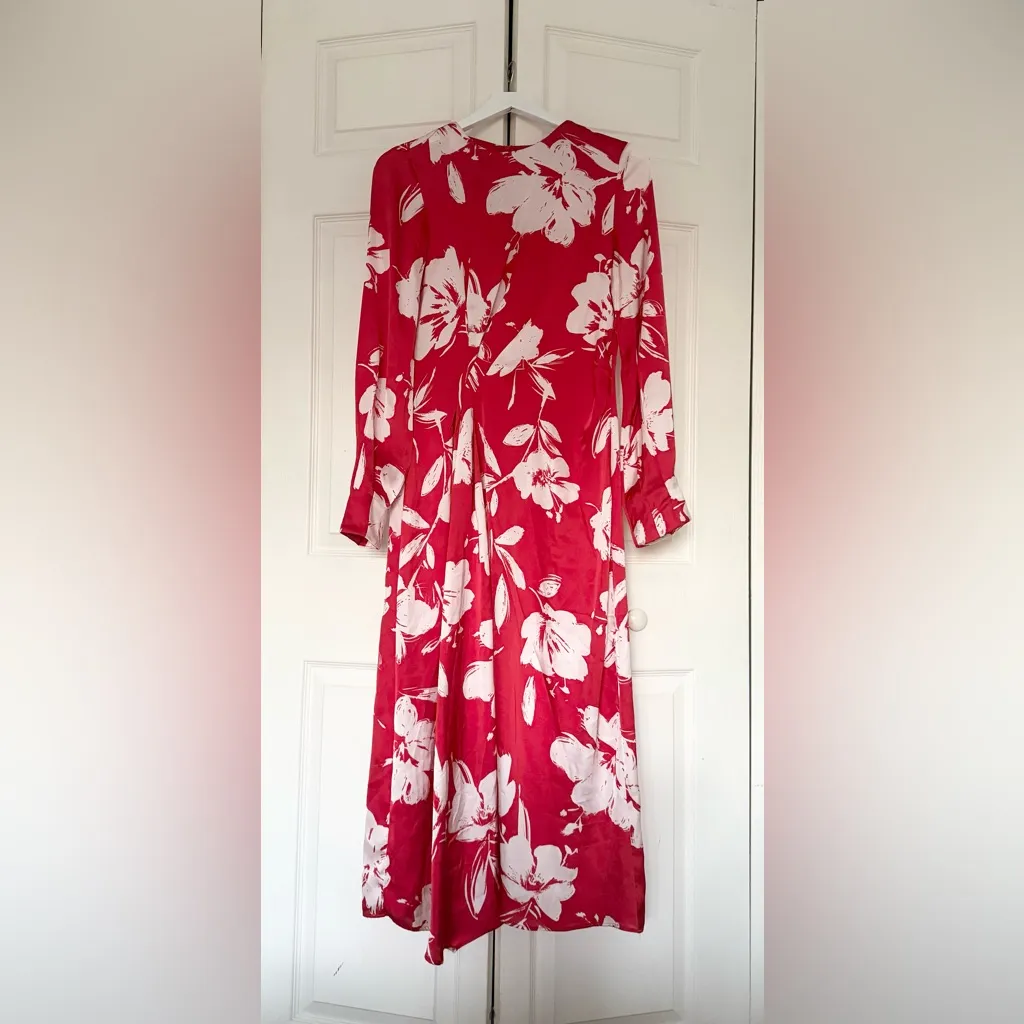 ZARA Red White Floral Bishop Sleeve Long Sleeve Midi Dress Size Small - Image 2