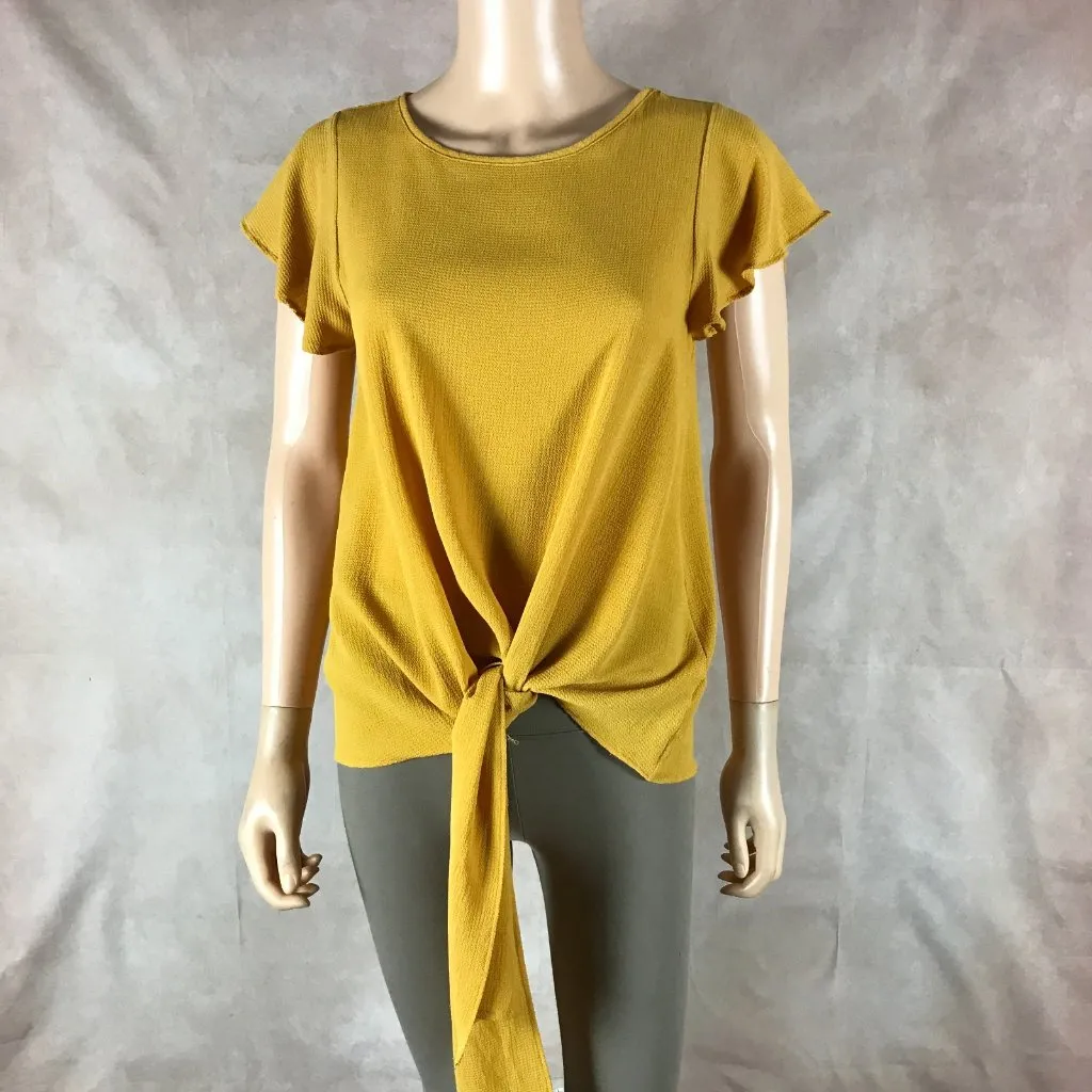 ANDREE Flutter Sleeve Mustard Yellow Tie Front Top SMALL - Image 3