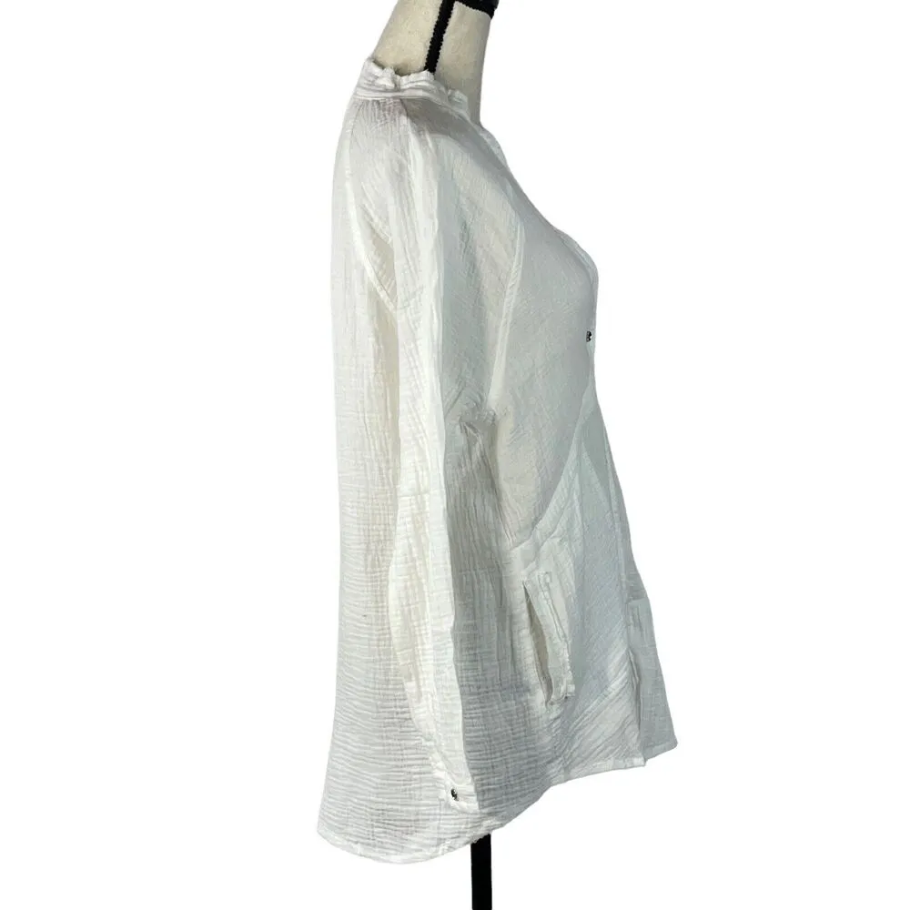 Adyson Parker X-Small Top Button-Up V-Neck Long Sleeve Pocket Gauzy Frayed White - Image 4