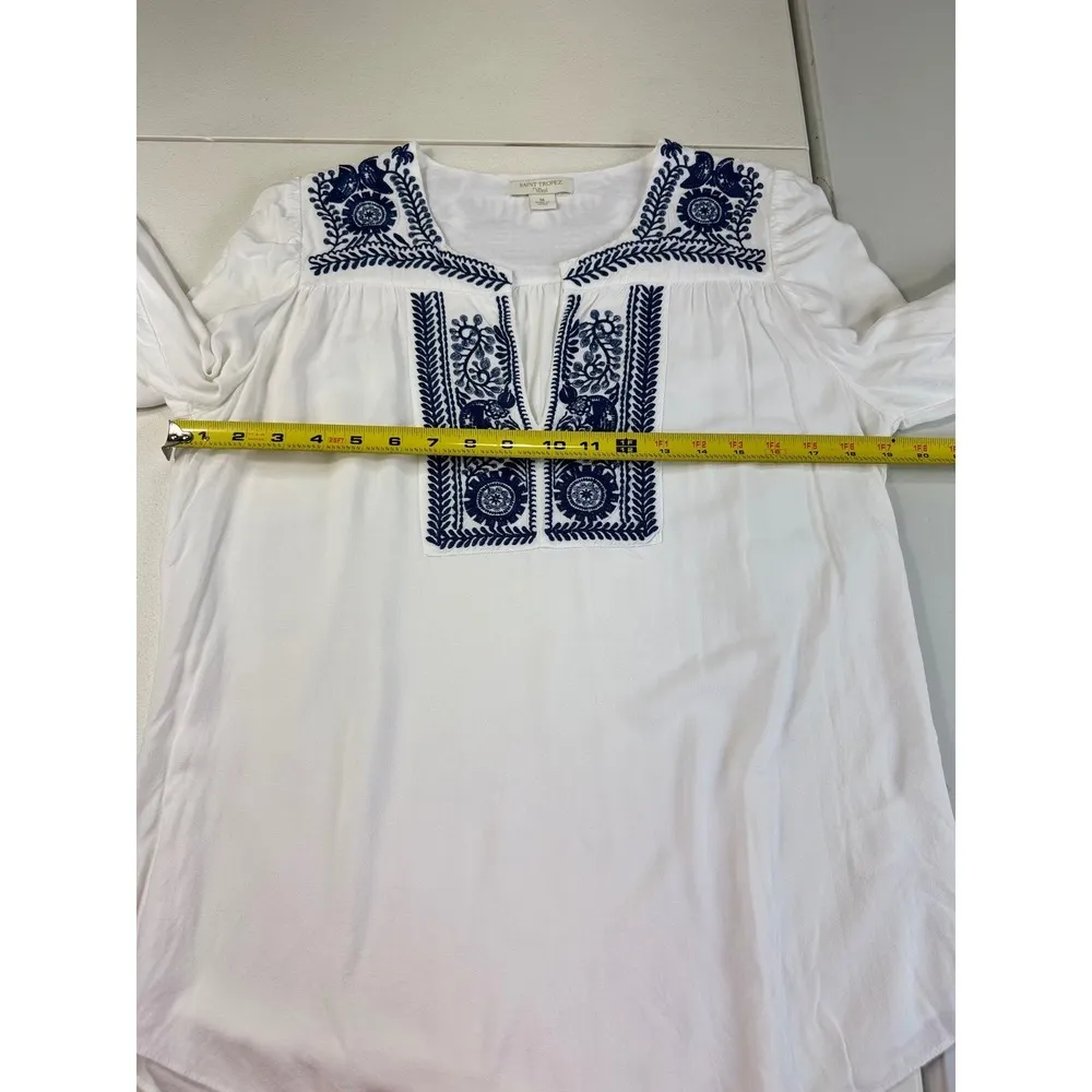 Saint Tropez West Embroidered Blouse Top White Blue Long Sleeve Boho Medium - Image 6