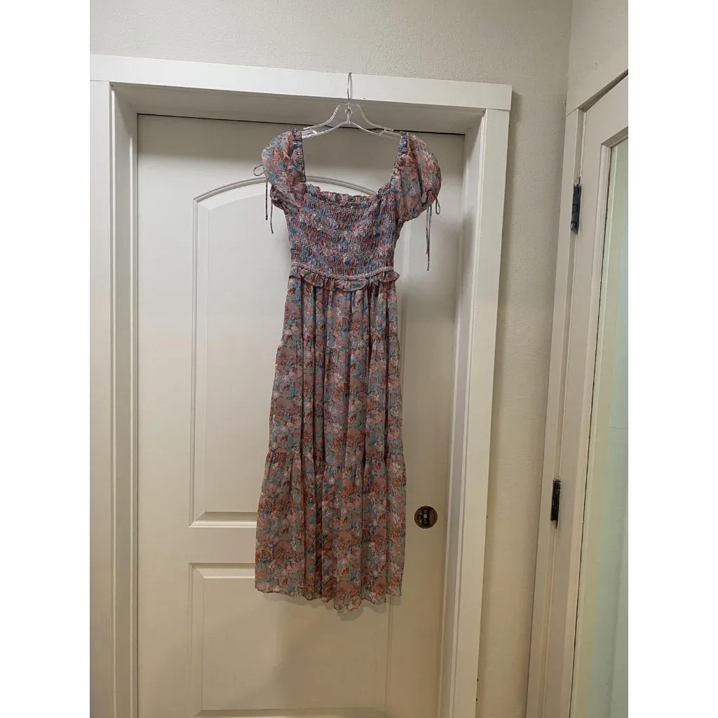 En Saison Adelina Dress Womens XS Multicolor Floral Smocked Puff Sleeve Maxi Boh Blue - Image 4