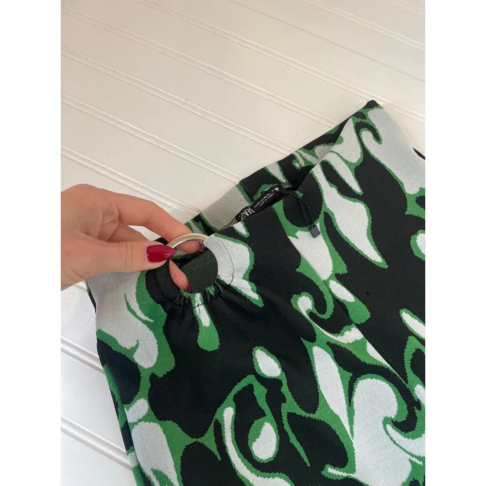 Zara Green & White Jacquard Print High Waist Bootcut Trouser Pants Size M - Image 3