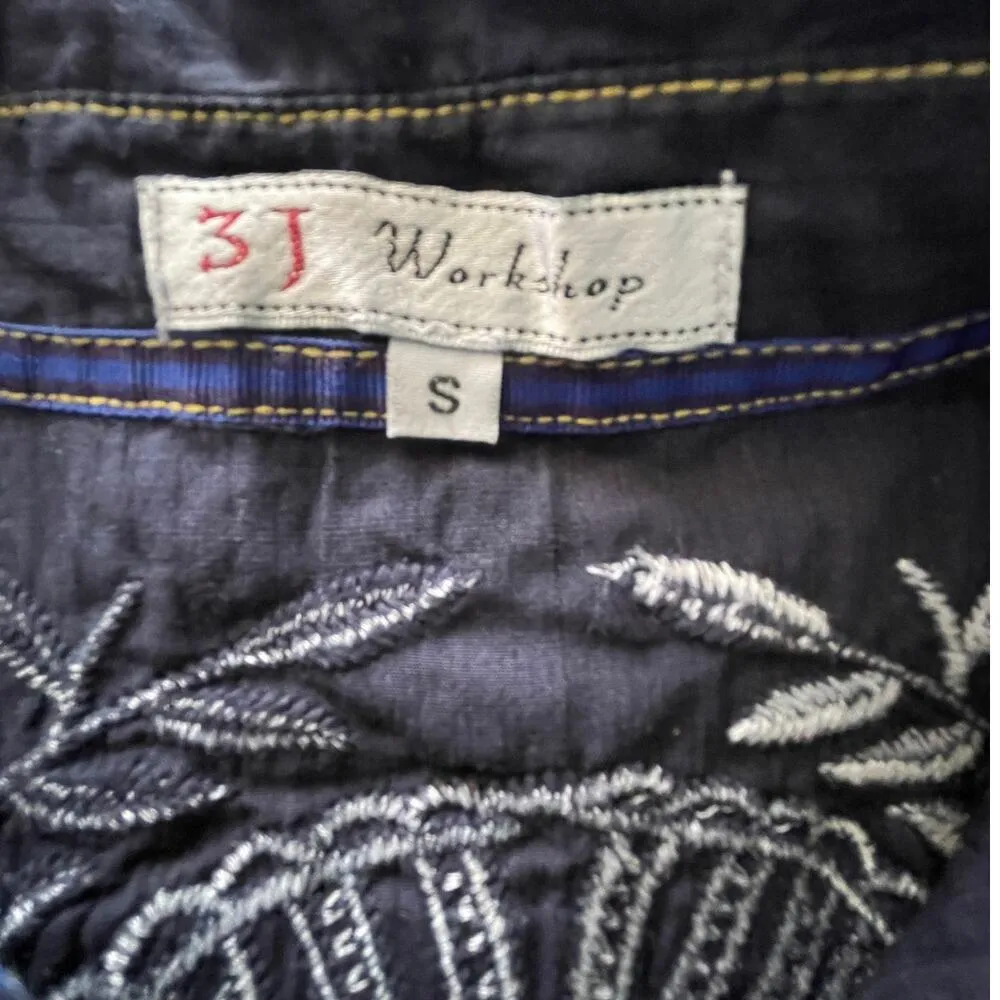 3J Workshop Johnny Was Blue Button Front Dress Floral Skull Embroidery Small - Image 10