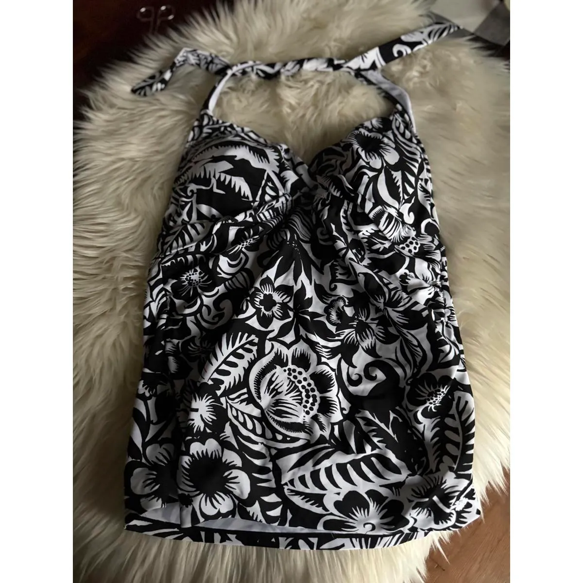 Chaps Black and White Floral Halter Swim Top size 12 - Image 2