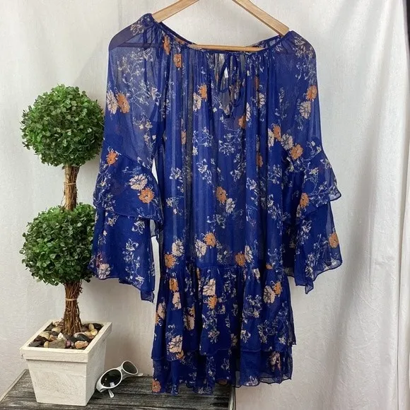 Free People Blue Floral Long Sleeve Semi Sheer Tunic Smock Dress Top XS - Image 3