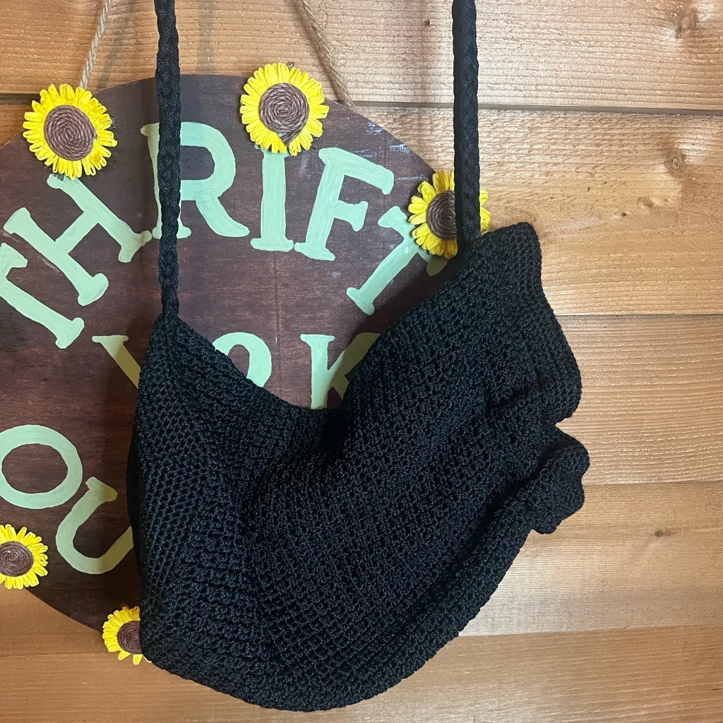 The Sak Crochet Black Backpack Purse Y2K Knit Drawstring XL Zipper Boho Festival - Image 6
