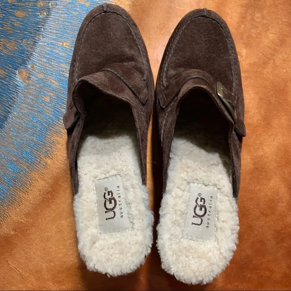 UGG Isabella Brown Suede Heeled Mule Sheepskin Lined - Image 6
