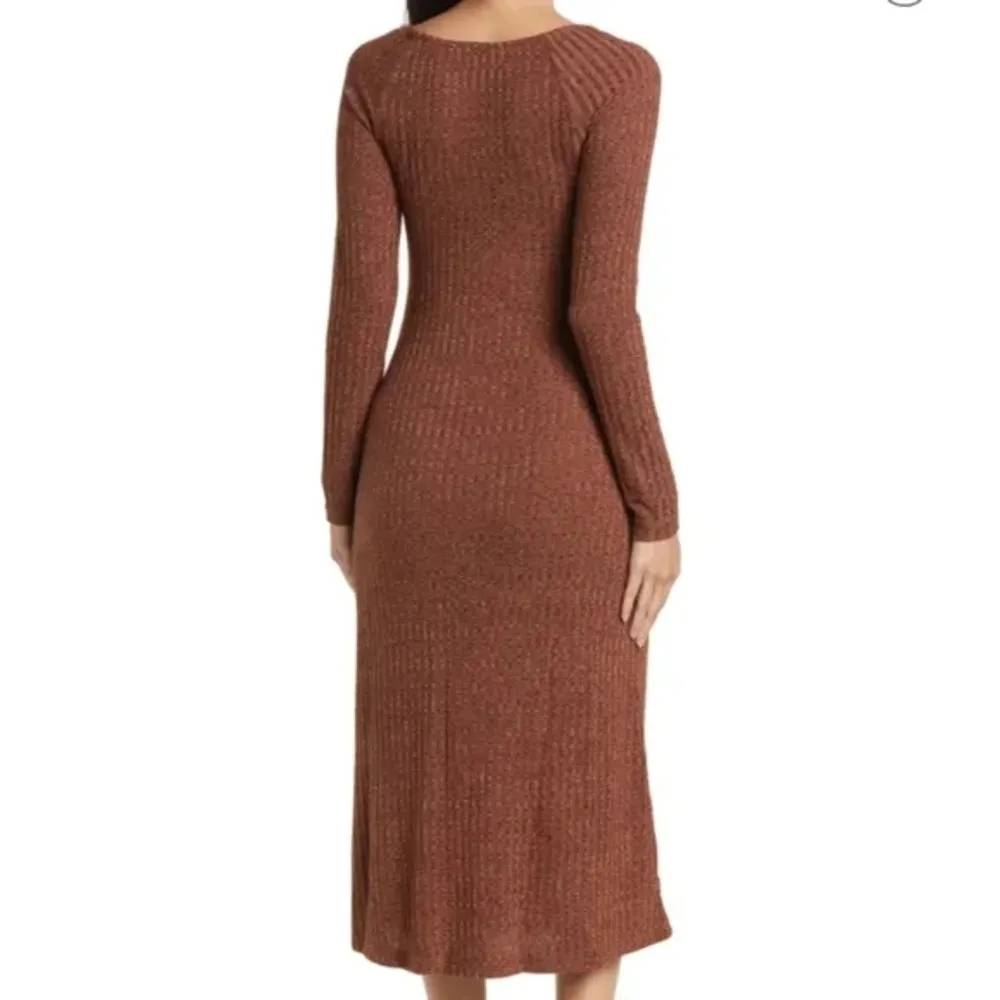 The Label Hi-Slit ribbed brown stretch knit Midi Dress - Image 2