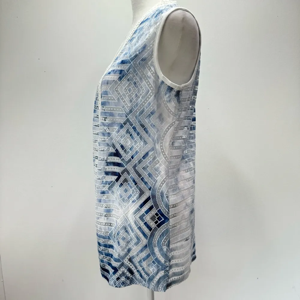 Chico’s Blue & Cream Sheer Crochet Lace Trim Open Front Lightweight Vest Sz 1/M - Image 6