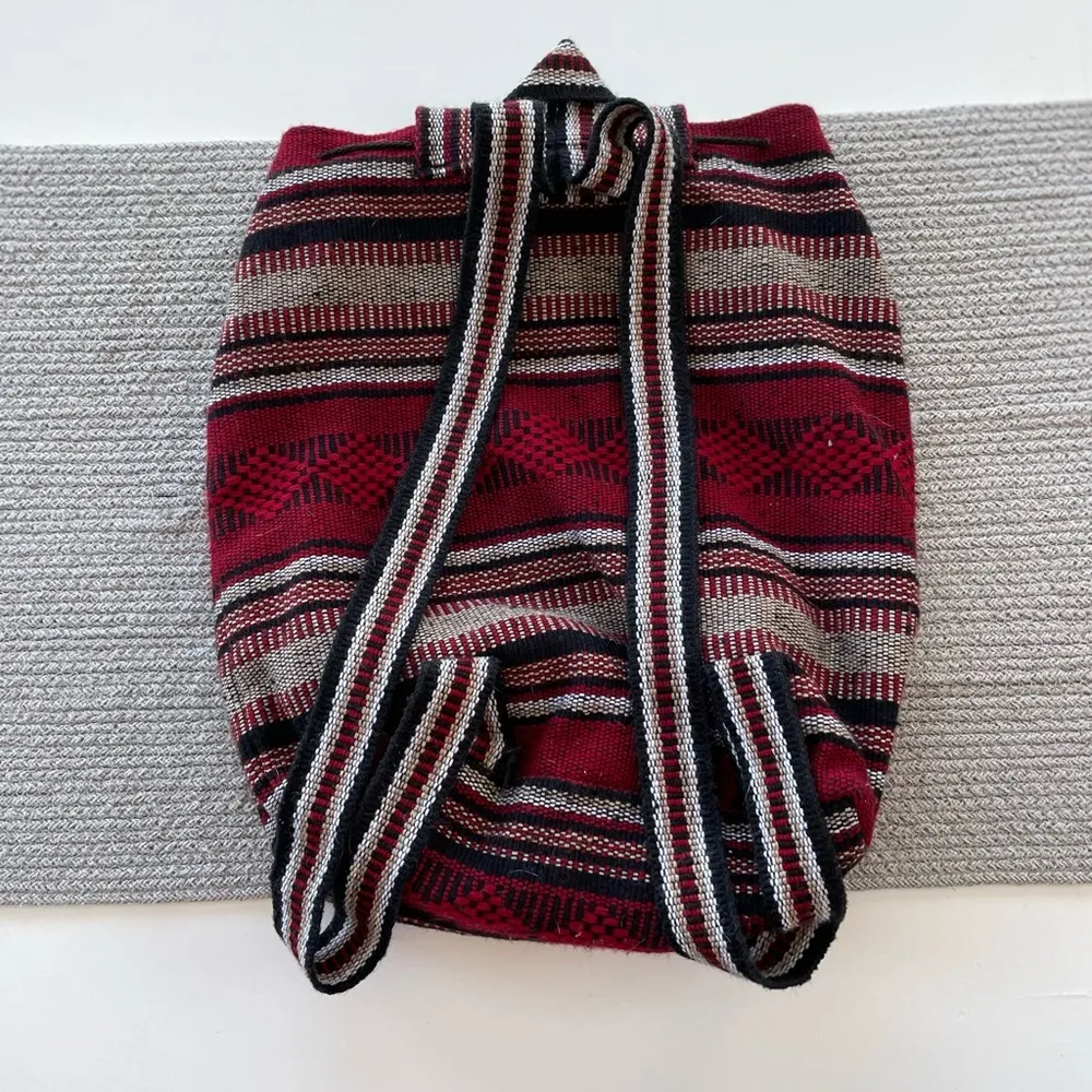 Vintage Artesian Black Red Wool Blend Tribal Boho Woven Backpack with Drawstring - Image 8