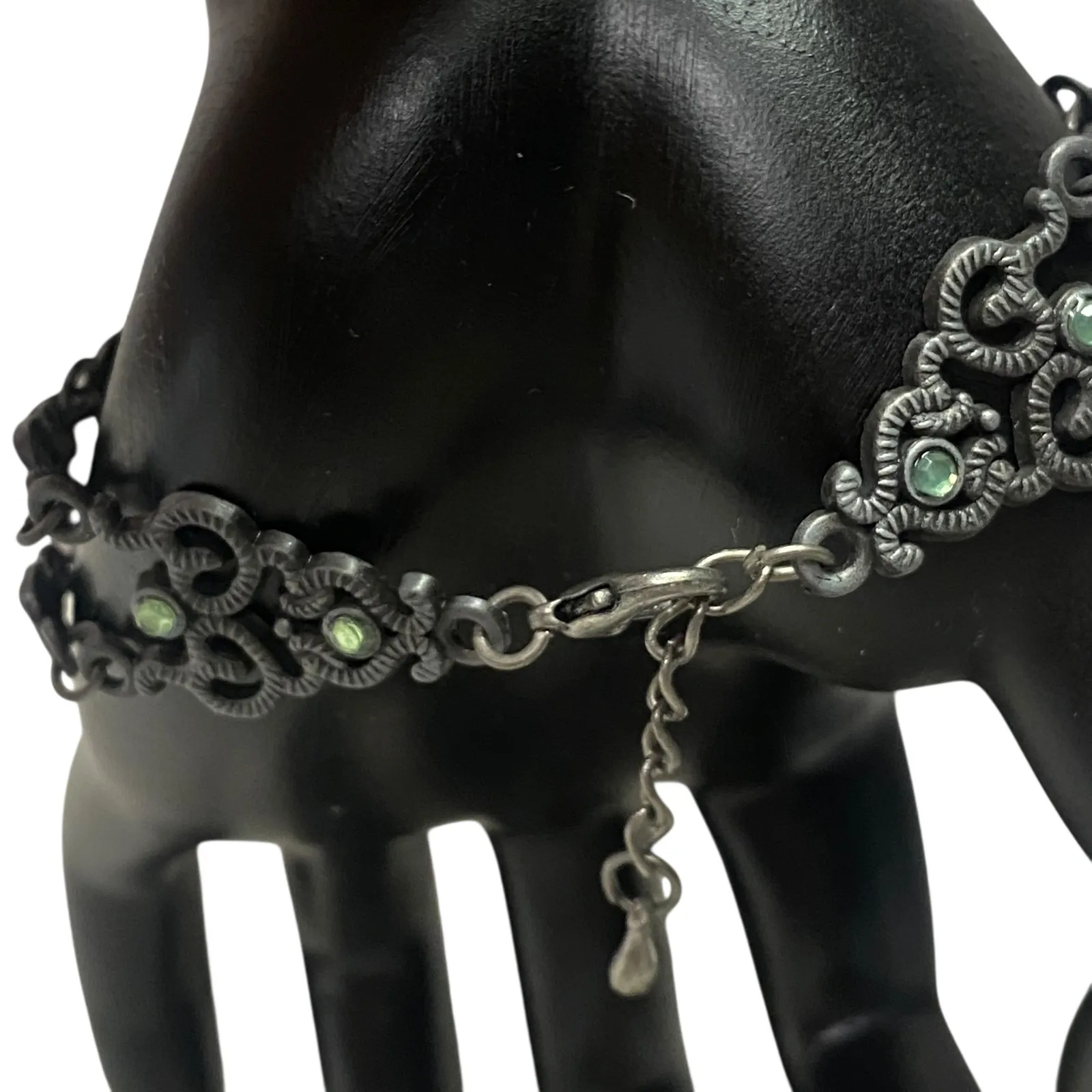 Vintage Whimsigoth Gothic Filigree Bracelet Green Cat Eye Gemstone - Image 6