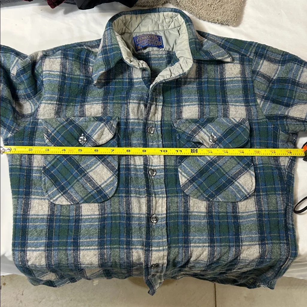 Vintage 1970’s Pendleton Pure Virgin Wool Blue Green Flannel Button Up Shirt - Image 5