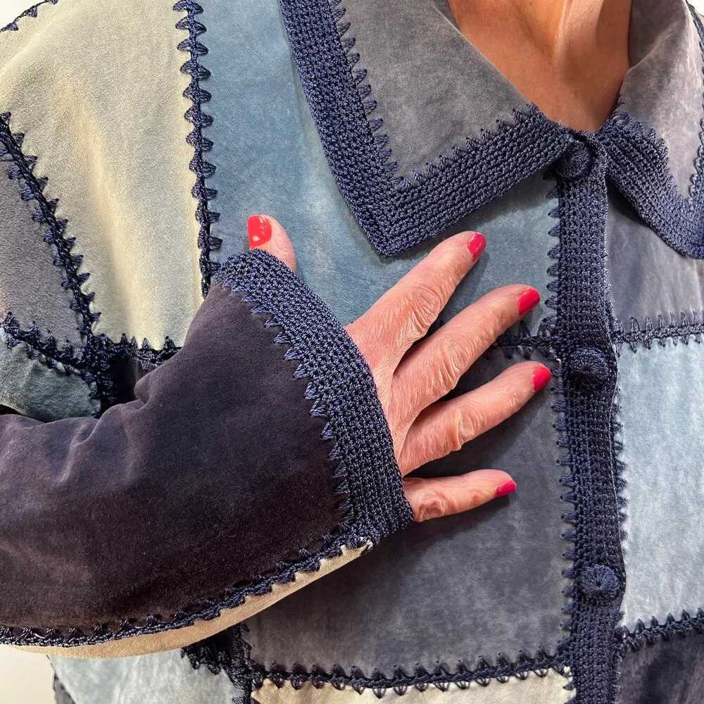 Vintage Blue Suede Patchwork Crochet Jacket by Denim & Co Geometric Pattern - Image 7