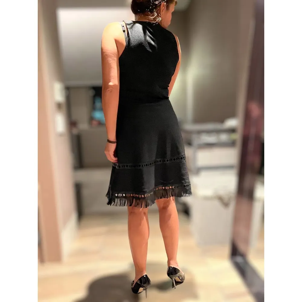 PARKER Black Knit Dress Faux Leather Cutout Trim Fringe Fit and Flare Medium EUC - Image 2