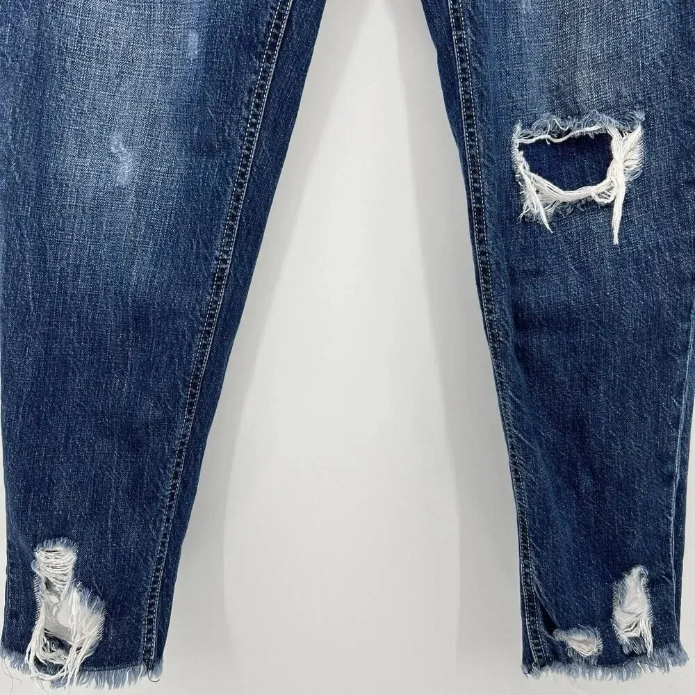 Kancan Bernice High Rise Boyfriend Jeans Distressed Dark Wash Raw Hem Size 28 Blue - Image 4
