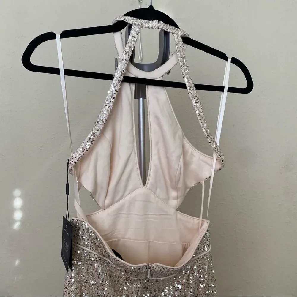 Ieena for Mac duggal sequined halter‎ cut out ruffle Asymmetrical dress in nude - Image 11