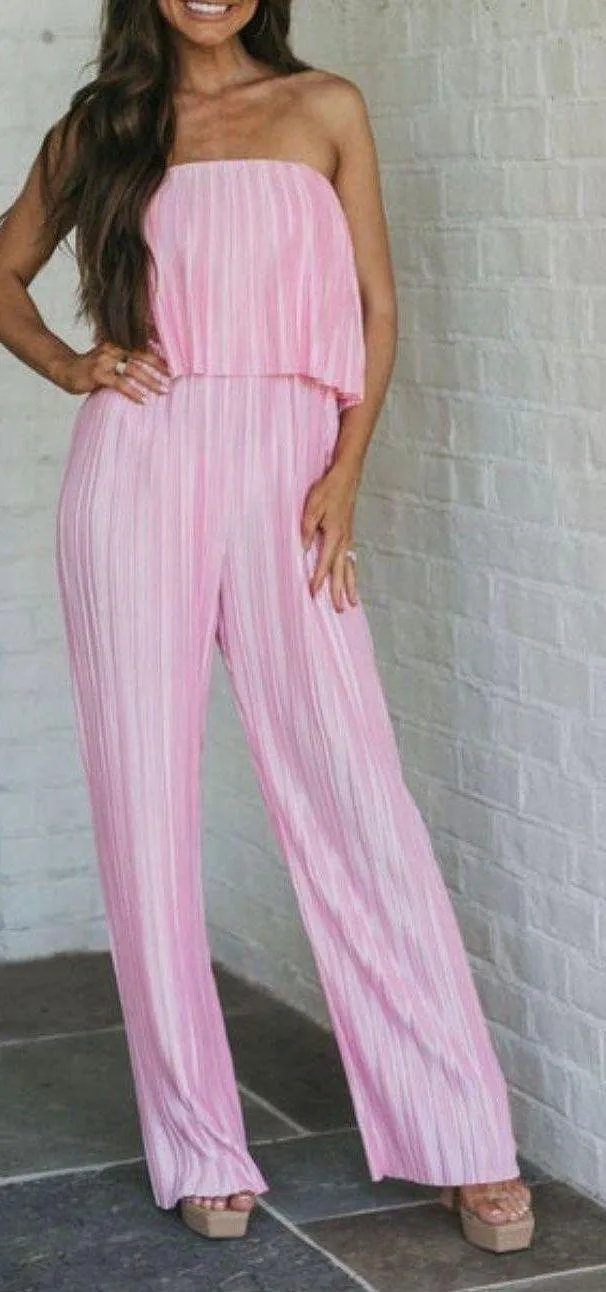pink Pleated Strapless Overlay Jumpsuit - Image 13