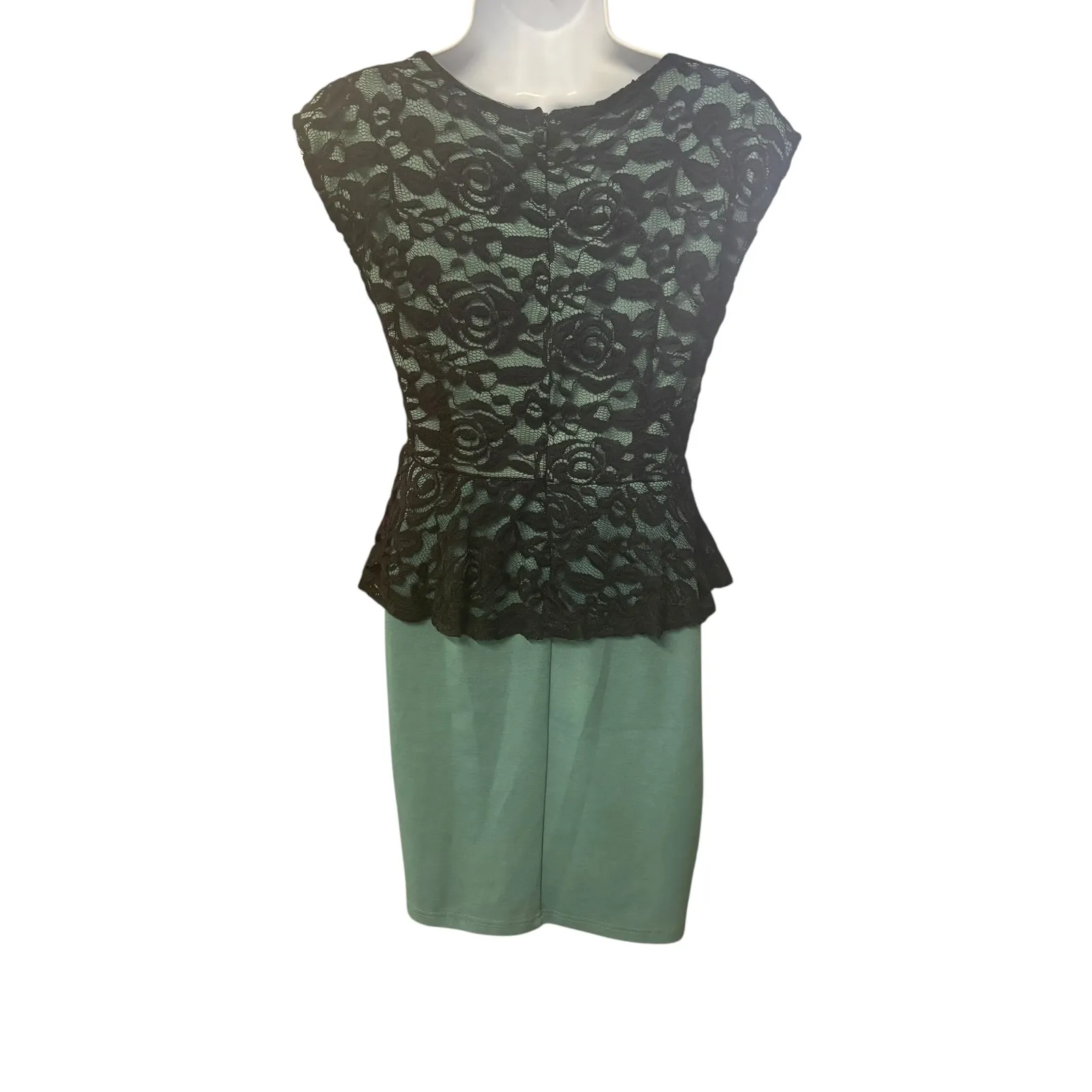 Kiss & Cry Dress Women's‎ Medium Black Lace Peplum Top Green Sheath Y2K - Image 2