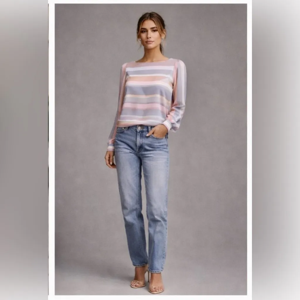 Vintage 70s 80s Sasson Neutral Pastels Striped Blouse 8/9 Hong Kong Pink - Image 11