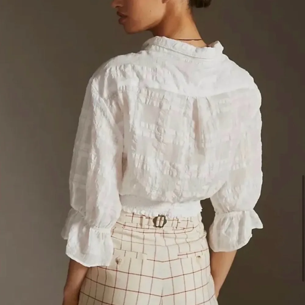 Anthropologie White Textured Wrap Blouse XL – Ruffle Sleeve Smocked Waist Top - Image 4