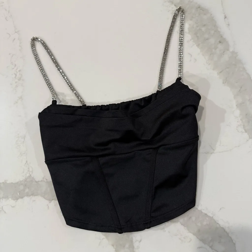 Windsor Gleam And Glow Rhinestone Bustier Top Women’s Small Black Cropped Satin - Image 5