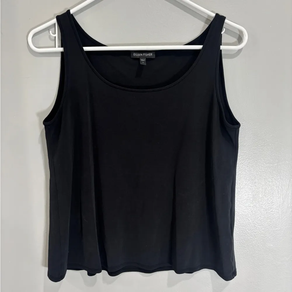 Eileen Fisher Silk Georgette Crepe Ballet Neck Tank Small Basic Black Tank Top - Image 11