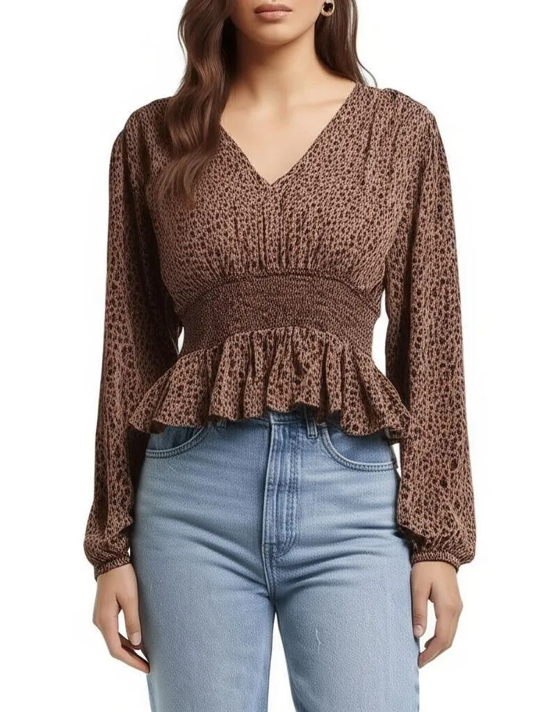 AFRM Leopard Print Peplum Blouse Vneck Smocked Long Sleeve Size 3X - Image 8