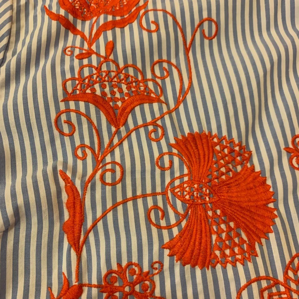 Crown & Ivy top Large Blue White Red Pullover Stripes Embroidered Bell Sleeves - Image 3