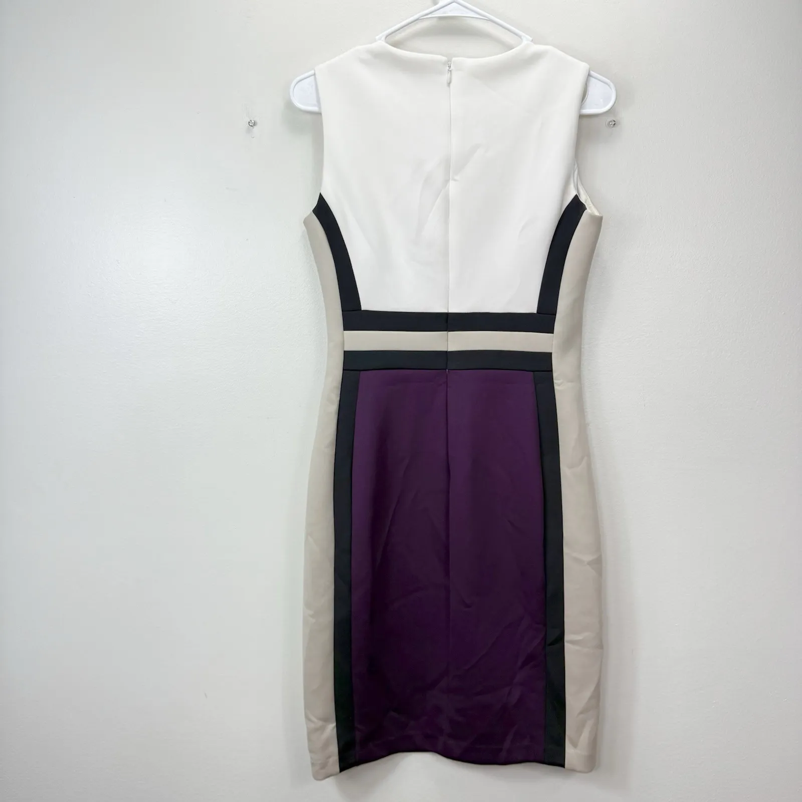 Calvin Klein Purple Cream Colorblock‎ Scuba Knit Sleeveless Sheath Dress Size 4 - Image 5