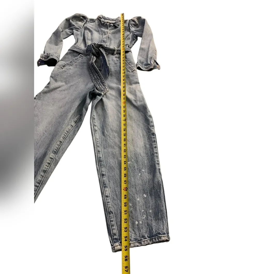 ​EXPRESS Acid Wash Denim Jumpsuit Puff Sleeve Retro 80s Utility Boiler Suit 4 - Image 12