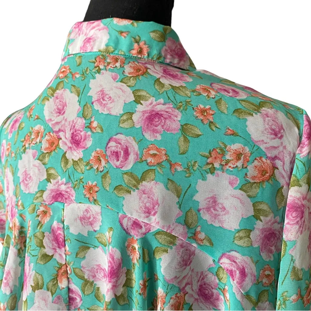 VTG Charlotte Russe Sheer Teal Floral Ruffled Cropped Tiered Peplum Blouse - Image 12