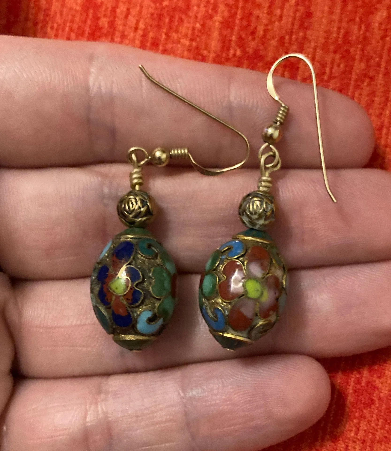 Cloisonné Vintage fine chinese  hand painted/enameled gold filled earrings! - Image 2