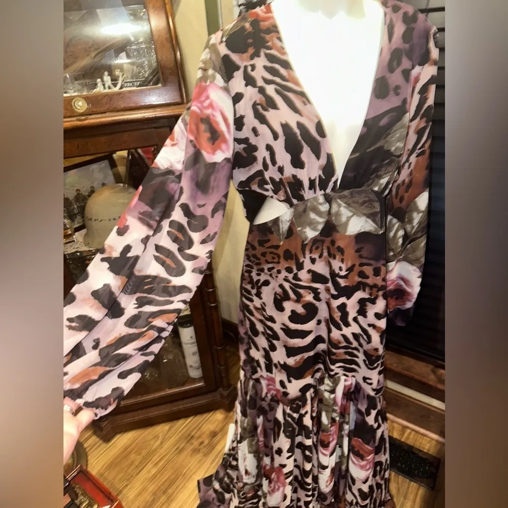 NWT GIFFNISETTI Leopard Print Long Sleeve Ruffle Hem Dresses Party Maxi Dress Purple Size XL - Image 4