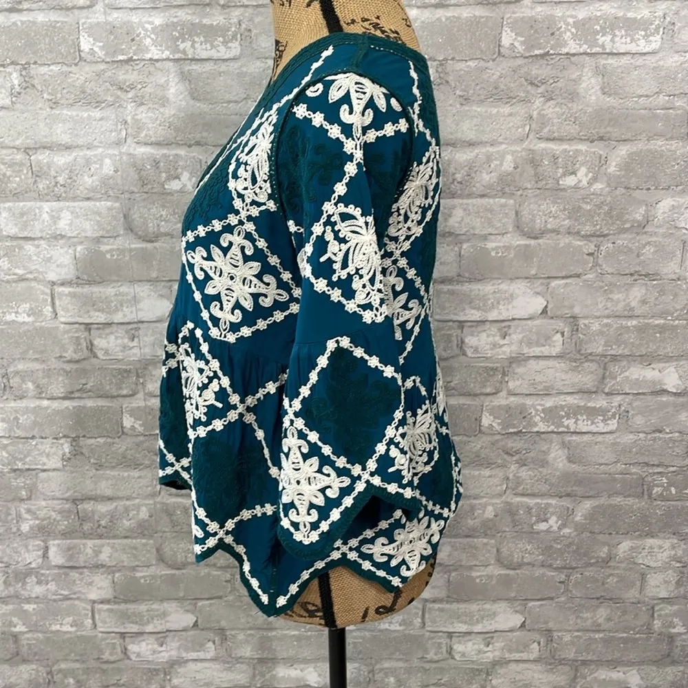 Anthropologie  Kindred Teal Embroidered Top - Image 3
