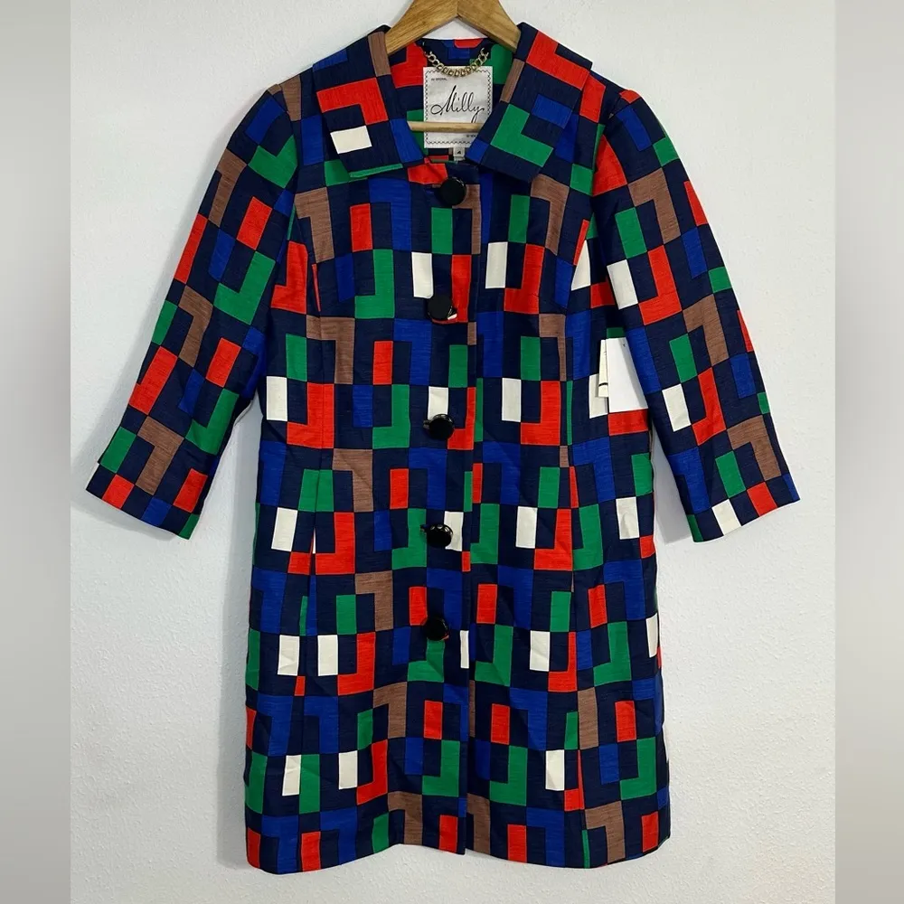 Milly of New York Silk Blend Colorful Block Pattern Trench Coat/Dress Red Size 4 - Image 6