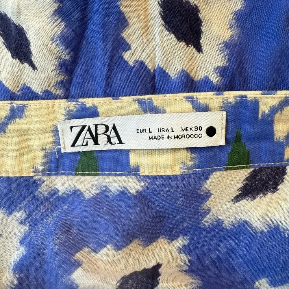 Zara Blue Tan Print Ruffled Mini Wrap Pareo Skirt Coverup Size Large - Image 9