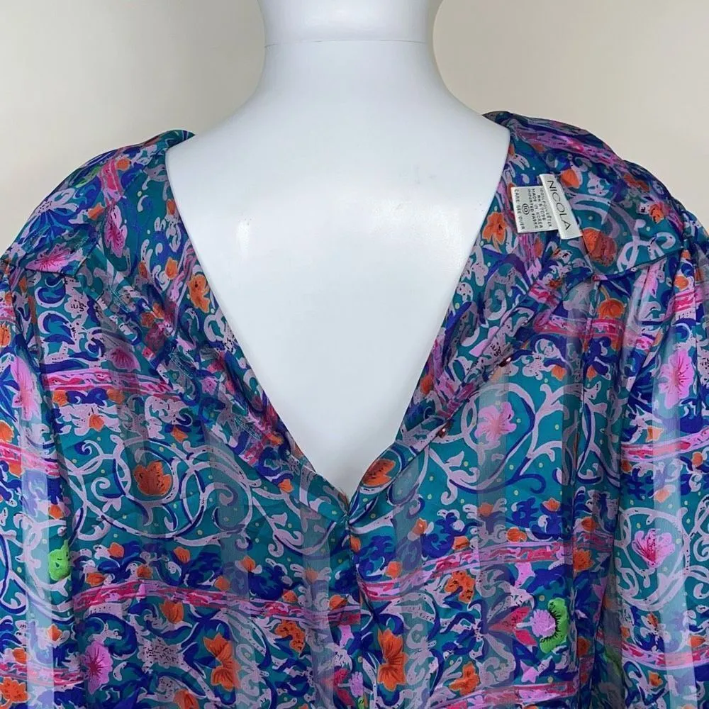 Nicola Vintage Batik Print Button Back Pleated Front Blouse Size 10 - Image 5