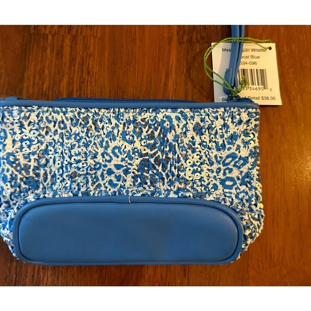 VERA BRADLEY Mesh Sequin Wristlet Purse Camocat Blue Sparkly Animal Print NEW - Image 3