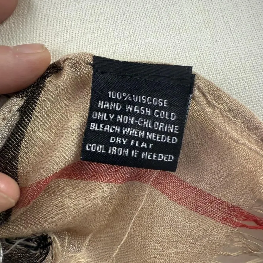 Plaid Scarf Womens Large Tan Black Red Fringed Lightweight 100% Viscose Wrap - Image 2