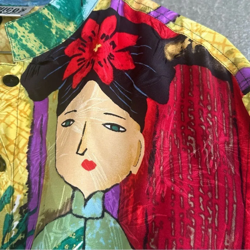 Chico's Design 2 Large Vintage Asian Japanese Colorful Silk Top Kimono-Clad Art - Image 7