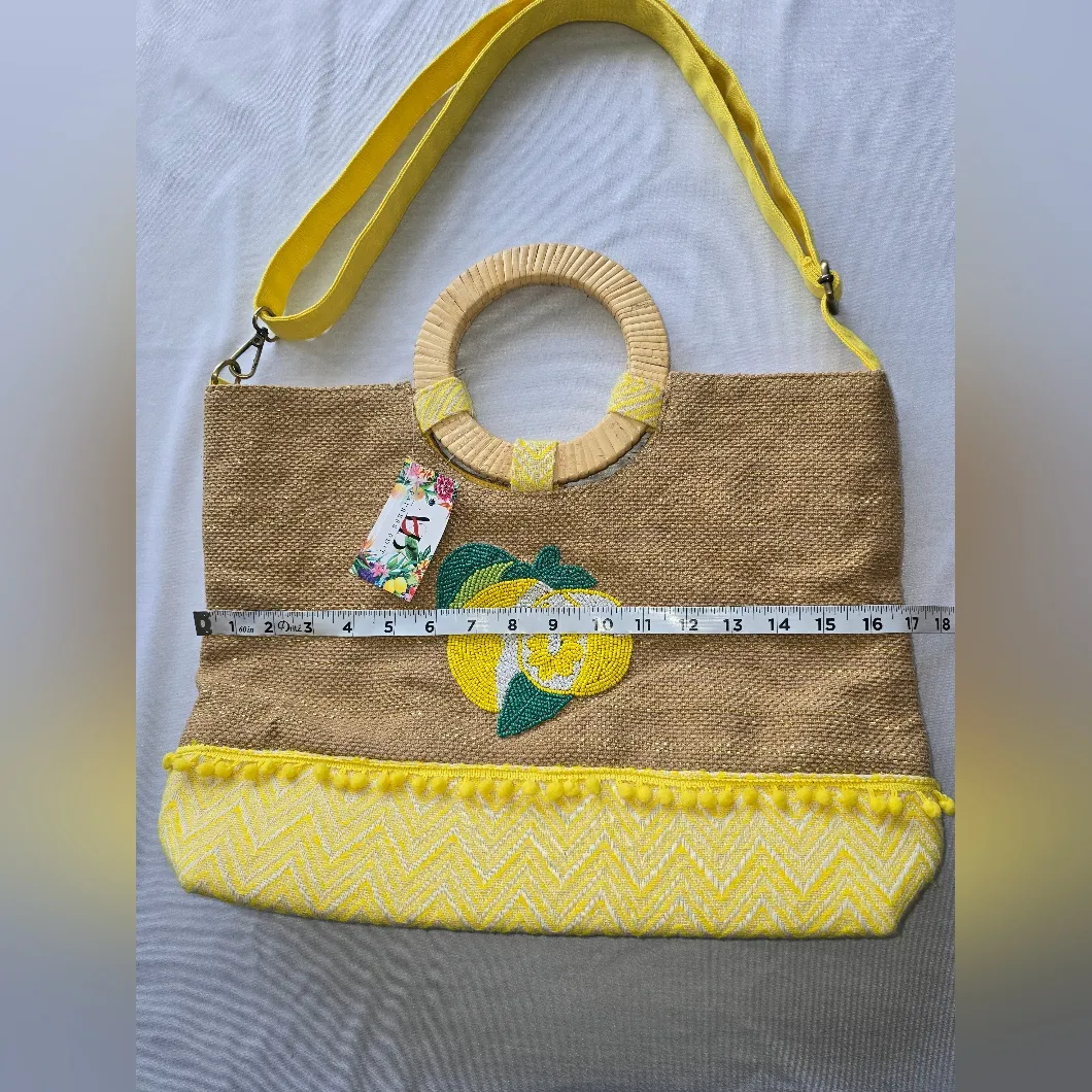 America & Beyond Beaded Lemon Yellow Chevron Fabric Circular Handle Tote Bag - Image 4