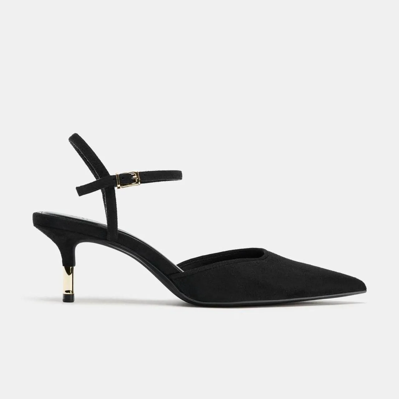 NWT Zara Vampy Black Faux Suede Slingback Gold Kitten High Heels US 8 - Image 2