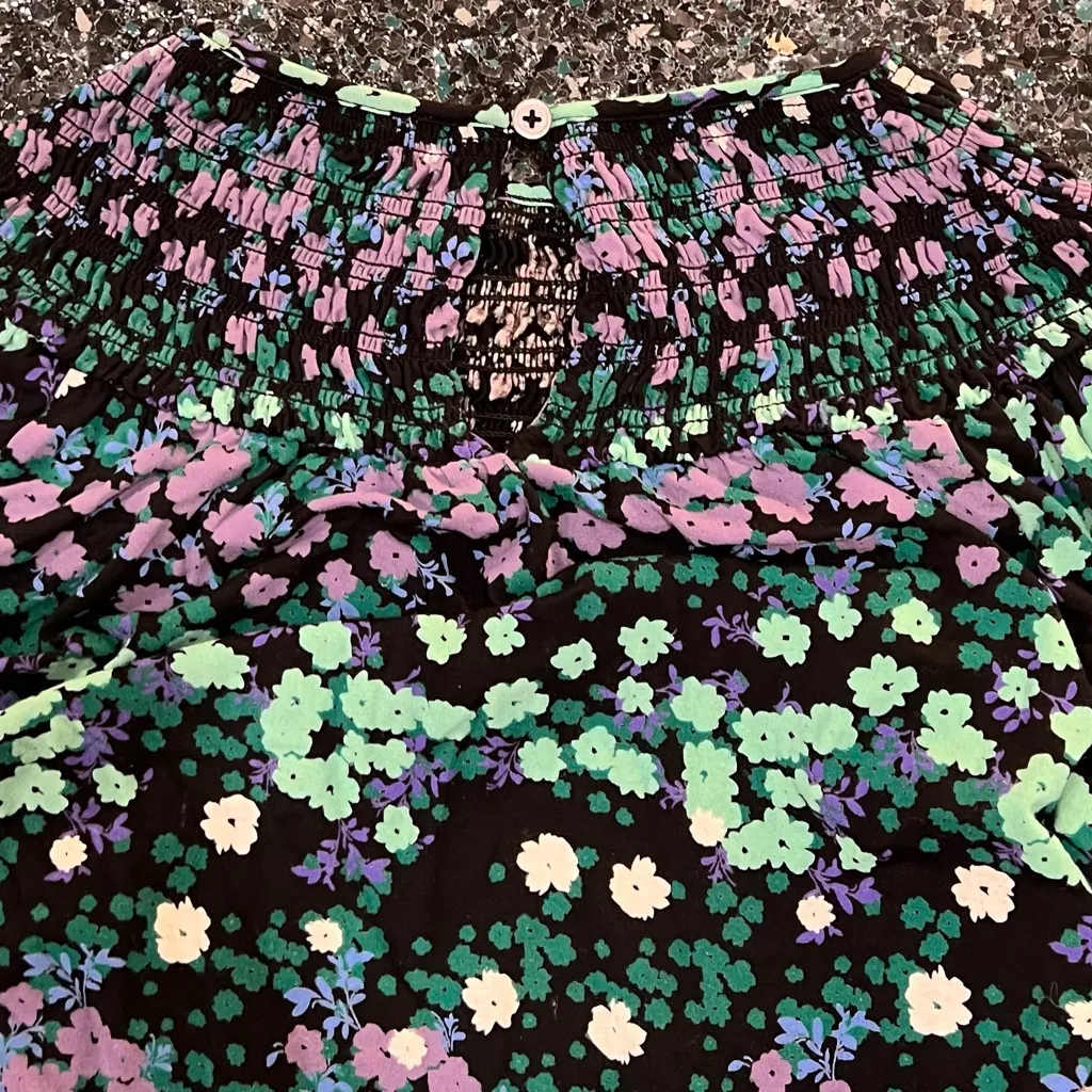 Loft Women's Floral Purple Green Long Sleeve Flounce Dress Smocked XS - Image 4