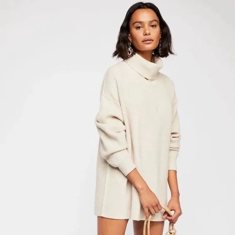 [Free People] Tan Softly Structured Tunic Sweater Oversized Turtleneck Sz Small - Image 2