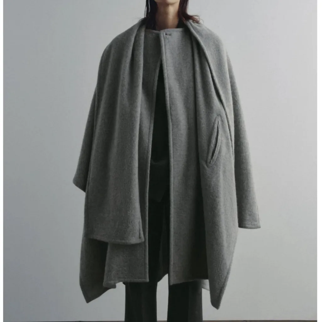 New Viral ZARA Alpaca Wool Scarf Cape Coat ZW Collection Grey Quiet luxury Sz M - Image 13